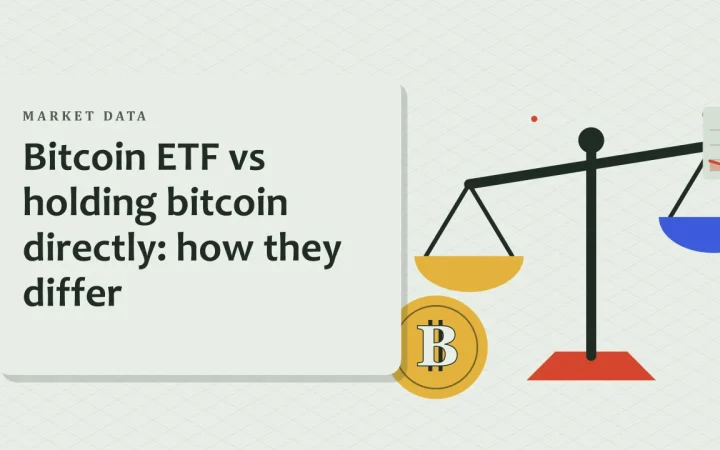Bitcoin ETF против прямого владения bitcoin: чем они отличаются: иллюстрация с весами для сравнения вариантов и монетой