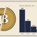 Монета Bitcoin, разрезанная пополам рядом с лестницей наград за блок, уменьшающихся вдвое каждые 210,000 блоков
