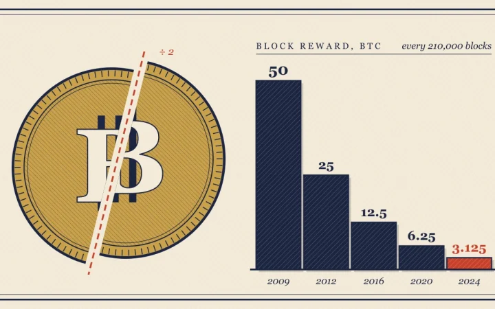 Монета Bitcoin, разрезанная пополам рядом с лестницей наград за блок, уменьшающихся вдвое каждые 210,000 блоков