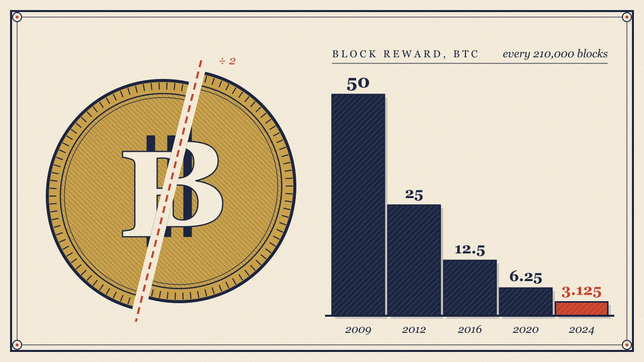 Монета Bitcoin, разрезанная пополам рядом с лестницей наград за блок, уменьшающихся вдвое каждые 210,000 блоков