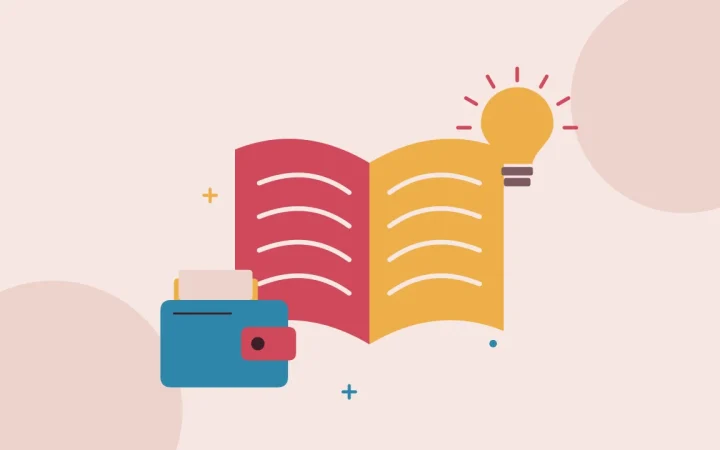 Иллюстрация открытой книги с криптокошельком для руководства по основам криптовалют