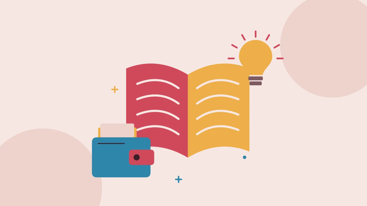 Иллюстрация открытой книги с криптокошельком для руководства по основам криптовалют