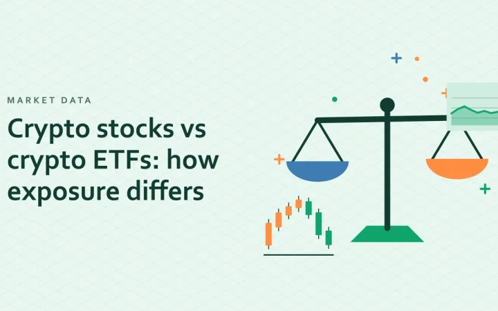 Криптоакции против крипто ETF: чем отличается экспозиция: иллюстрация с весами для сравнения вариантов и графиком японских свечей