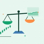 Иллюстрация с весами, сравнивающими варианты, и свечным графиком для гида по рыночным данным
