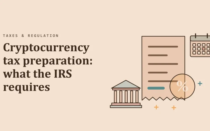 Подготовка налоговой отчётности по криптовалюте: что требует IRS: иллюстрация налоговой квитанции и здания регулятора