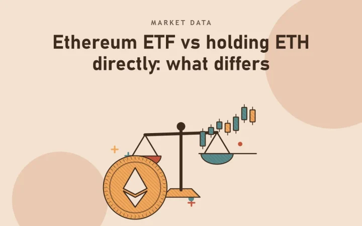 Ethereum ETF против прямого владения ETH: в чём разница: иллюстрация с весами, сравнивающими варианты, и монетой