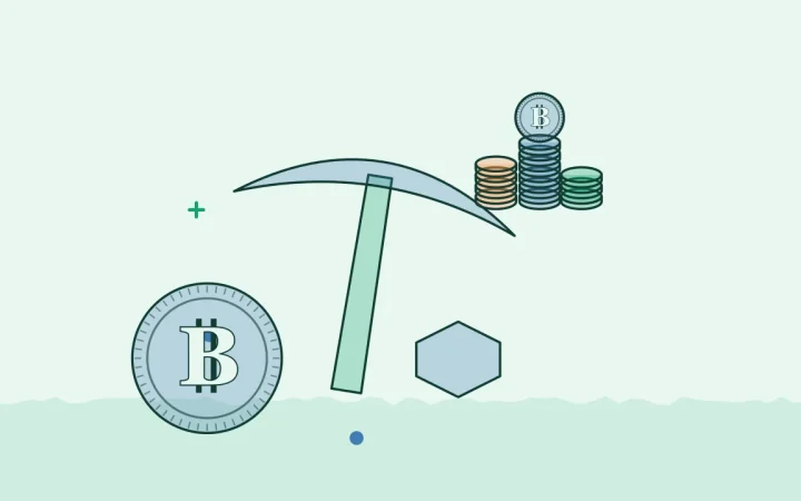Иллюстрация кирки майнера с монетой для руководства по Bitcoin