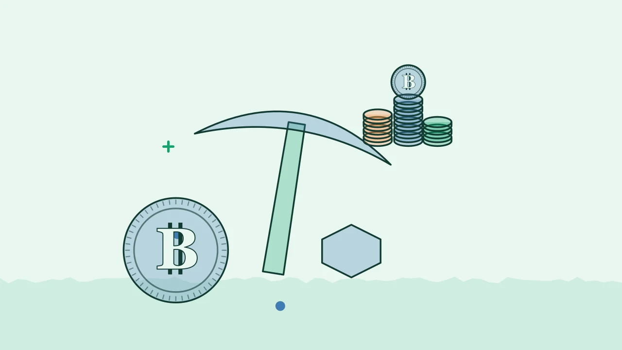 Иллюстрация кирки майнера с монетой для руководства по Bitcoin