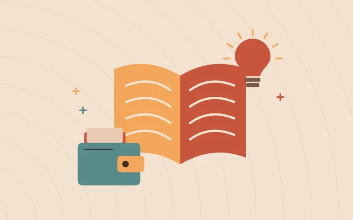 Иллюстрация открытой книги с криптокошельком для руководства по основам криптовалют