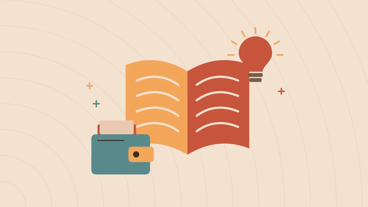 Иллюстрация открытой книги с криптокошельком для руководства по основам криптовалют
