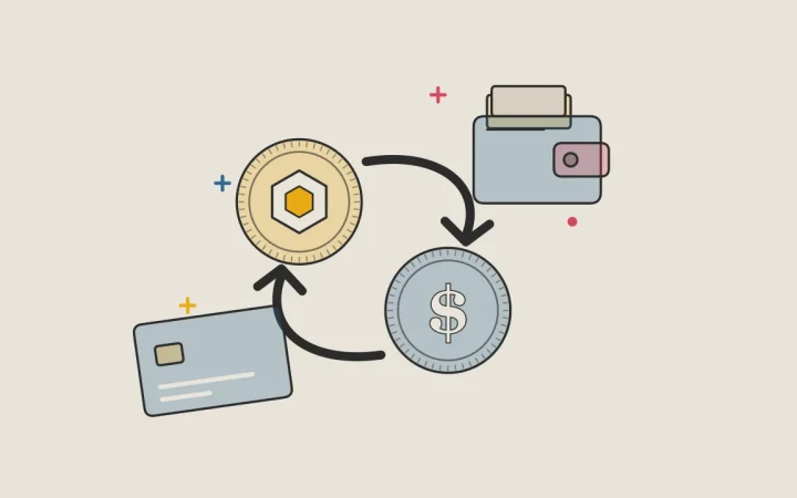 Иллюстрация с двумя обмениваемыми монетами и криптокартой для руководства «Основы криптовалют»