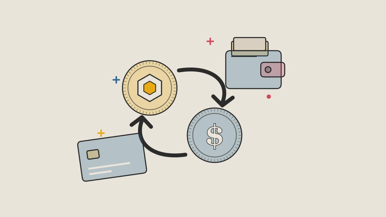 Иллюстрация с двумя обмениваемыми монетами и криптокартой для руководства «Основы криптовалют»