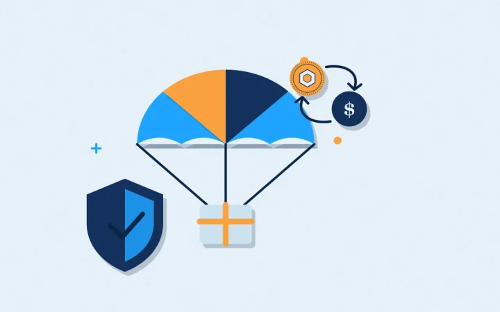 Иллюстрация парашюта аирдропа с защитным щитом для руководства по DeFi & Web3
