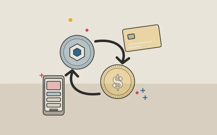 Иллюстрация двух монет, которые обменивают через мобильное приложение, для руководства по покупке и обмену