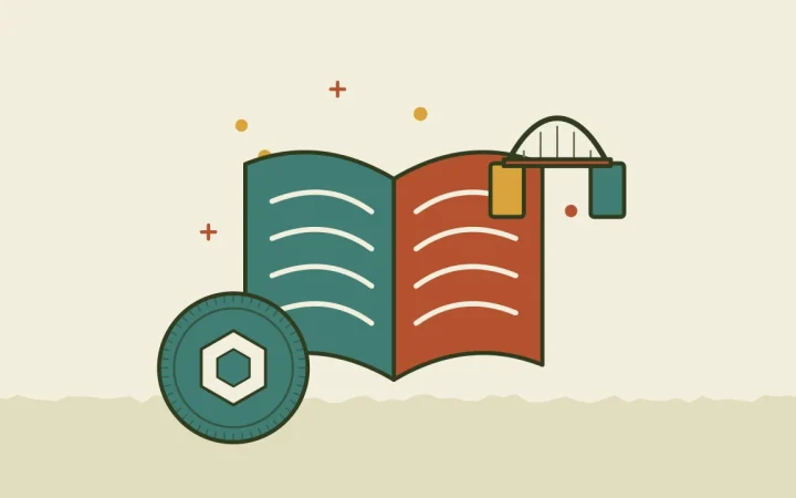 Иллюстрация раскрытой книги с монетой для руководства по стейблкоинам и сетям