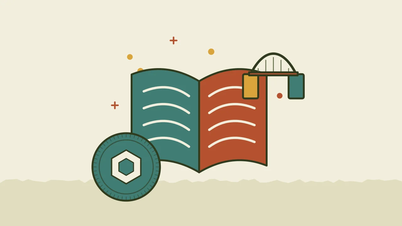 Иллюстрация раскрытой книги с монетой для руководства по стейблкоинам и сетям