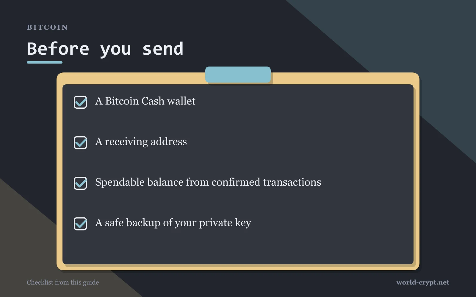 Чек-лист перед отправкой: кошелёк Bitcoin Cash; адрес получателя; доступный баланс из подтверждённых транзакций; безопасная резервная копия приватного ключа