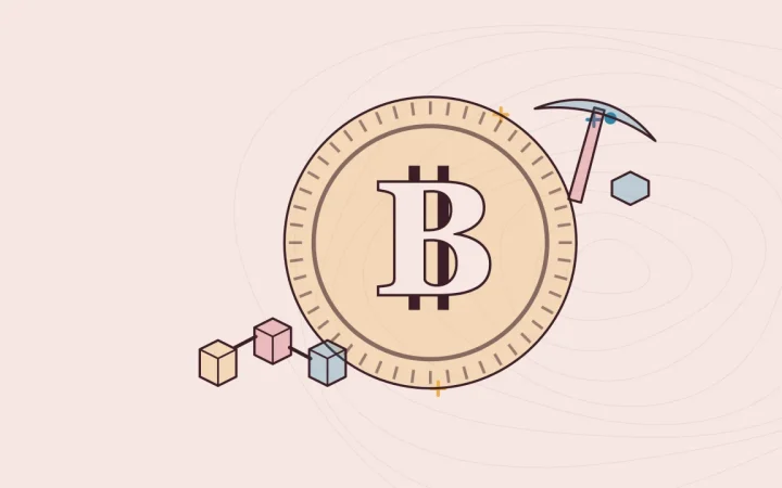 Иллюстрация монеты со связанными блоками блокчейна для руководства по Bitcoin