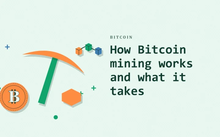 Как работает майнинг Bitcoin и что для него нужно: иллюстрация кирки майнера и монеты