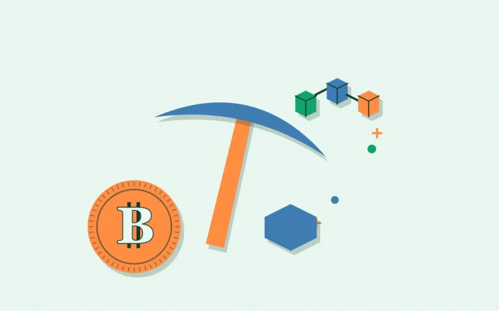 Иллюстрация кирки майнера с монетой для руководства по Bitcoin