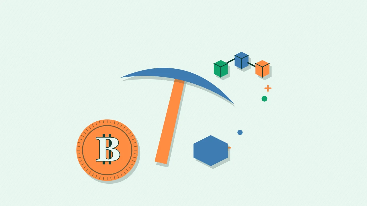 Иллюстрация кирки майнера с монетой для руководства по Bitcoin