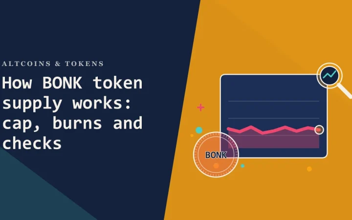 Как работает эмиссия токена BONK: лимит, сжигание и проверки: иллюстрация ценового графика и монеты