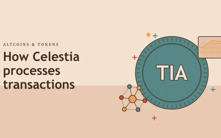 Как Celestia обрабатывает транзакции: иллюстрация с монетой и сетью узлов