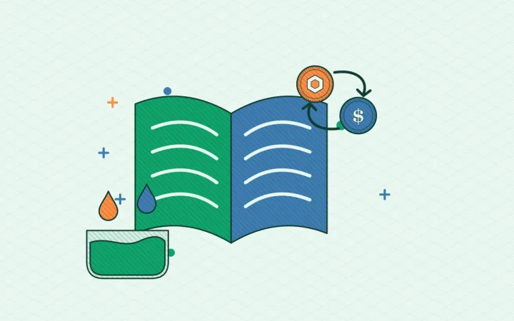 Иллюстрация открытой книги с пулом ликвидности для руководства по DeFi & Web3