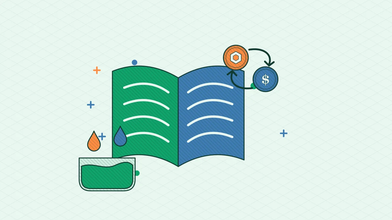 Иллюстрация открытой книги с пулом ликвидности для руководства по DeFi & Web3