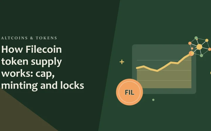 Как работает предложение токена Filecoin: лимит, эмиссия и блокировки: иллюстрация графика цены и монеты