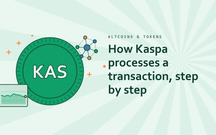 Как Kaspa обрабатывает транзакцию, шаг за шагом: иллюстрация с монетой и графиком цены