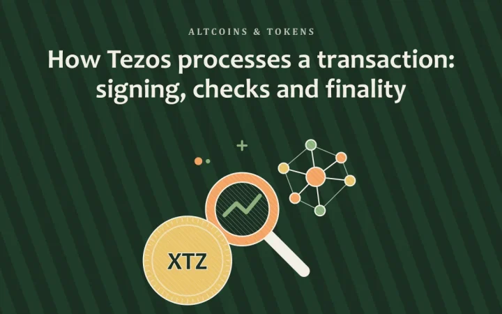 Как Tezos обрабатывает транзакцию: подписание, проверки и финальность: иллюстрация лупы над графиком и монеты
