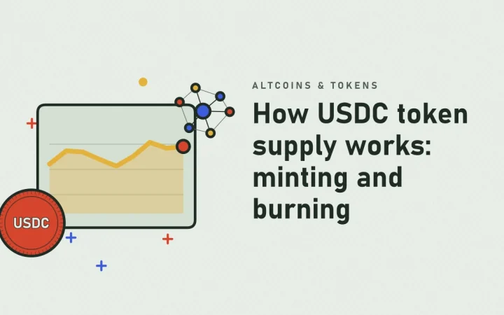 Как работает предложение токена USDC: эмиссия и сжигание: иллюстрация графика цены и монеты