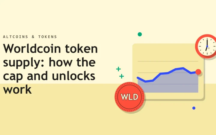 Предложение токена Worldcoin: как работают лимит и разблокировки: иллюстрация графика цены и монеты