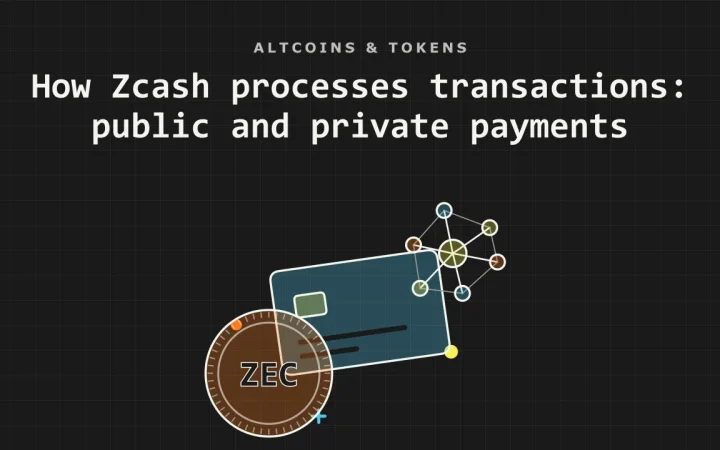 Как Zcash обрабатывает транзакции: публичные и приватные платежи: иллюстрация криптокарты и монеты
