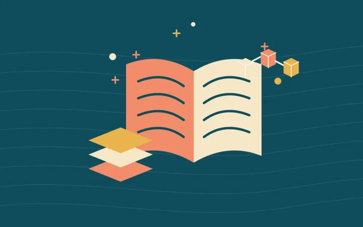 Иллюстрация с раскрытой книгой и сложенными сетевыми уровнями к руководству по блокчейну
