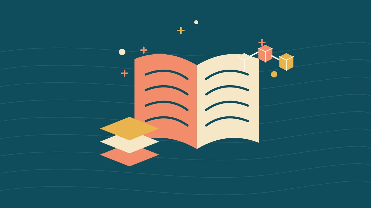 Иллюстрация с раскрытой книгой и сложенными сетевыми уровнями к руководству по блокчейну