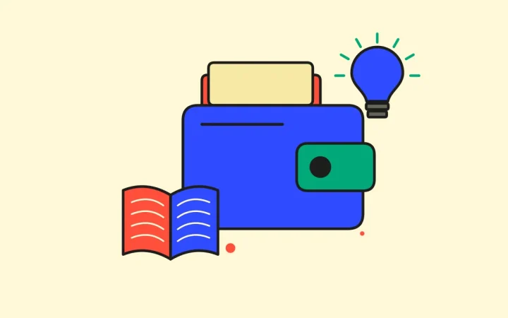 Иллюстрация криптокошелька с раскрытой книгой для руководства «Основы криптовалют»