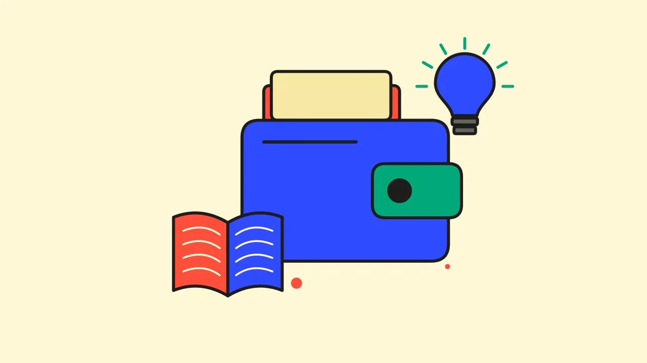 Иллюстрация криптокошелька с раскрытой книгой для руководства «Основы криптовалют»
