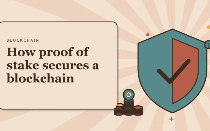 Как proof of stake защищает блокчейн: иллюстрация защитного щита и стопок монет