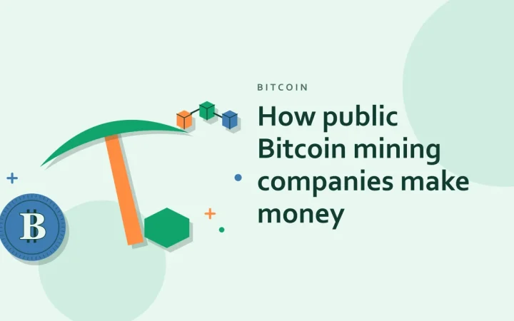 Как зарабатывают публичные майнинговые компании Bitcoin: иллюстрация майнинговой кирки и монета