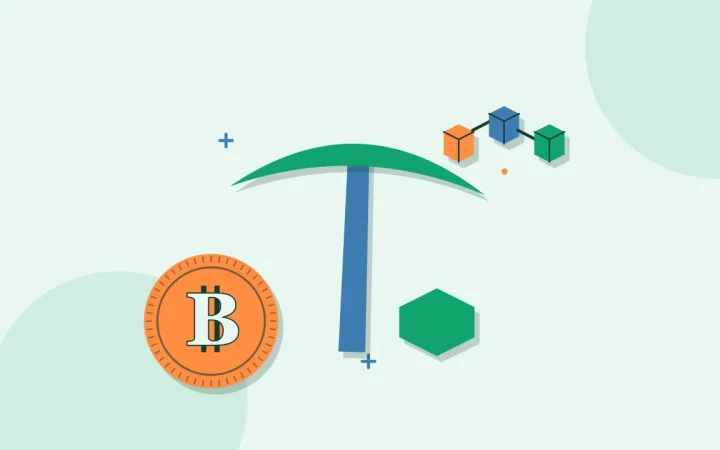 Иллюстрация кирки майнера с монетой для руководства по Bitcoin