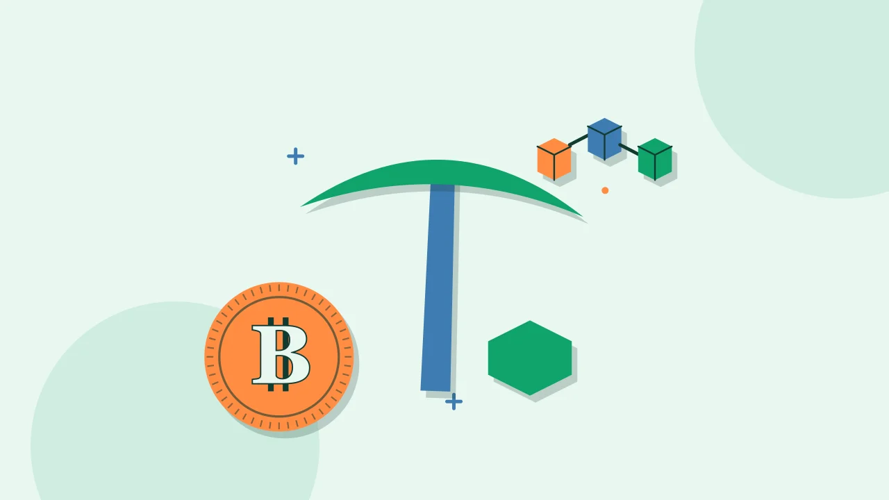 Иллюстрация кирки майнера с монетой для руководства по Bitcoin