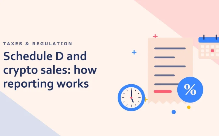 Schedule D и продажи криптовалюты: как работает отчётность: иллюстрация налоговой квитанции и часов