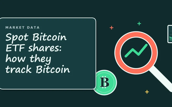 Акции спотовых Bitcoin ETF: как они отслеживают Bitcoin: иллюстрация с лупой над графиком и монетой