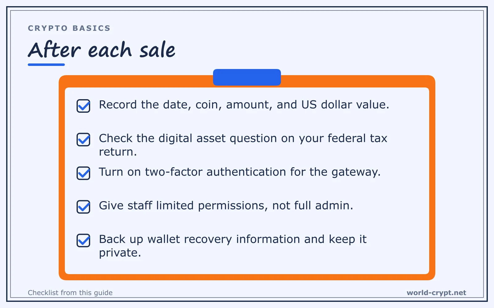 Чек-лист. После каждой продажи: запишите дату, монету, сумму и стоимость в долларах США; проверьте вопрос о цифровых активах в федеральной налоговой декларации; включите двухфакторную аутентификацию для платёжного шлюза; выдавайте сотрудникам ограниченные права, а не полный доступ администратора; сделайте резервную копию данных для восстановления кошелька и храните её в тайне
