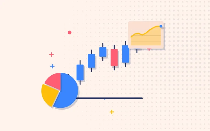 Иллюстрация свечного графика с круговой диаграммой портфеля для руководства по трейдингу и инвестициям
