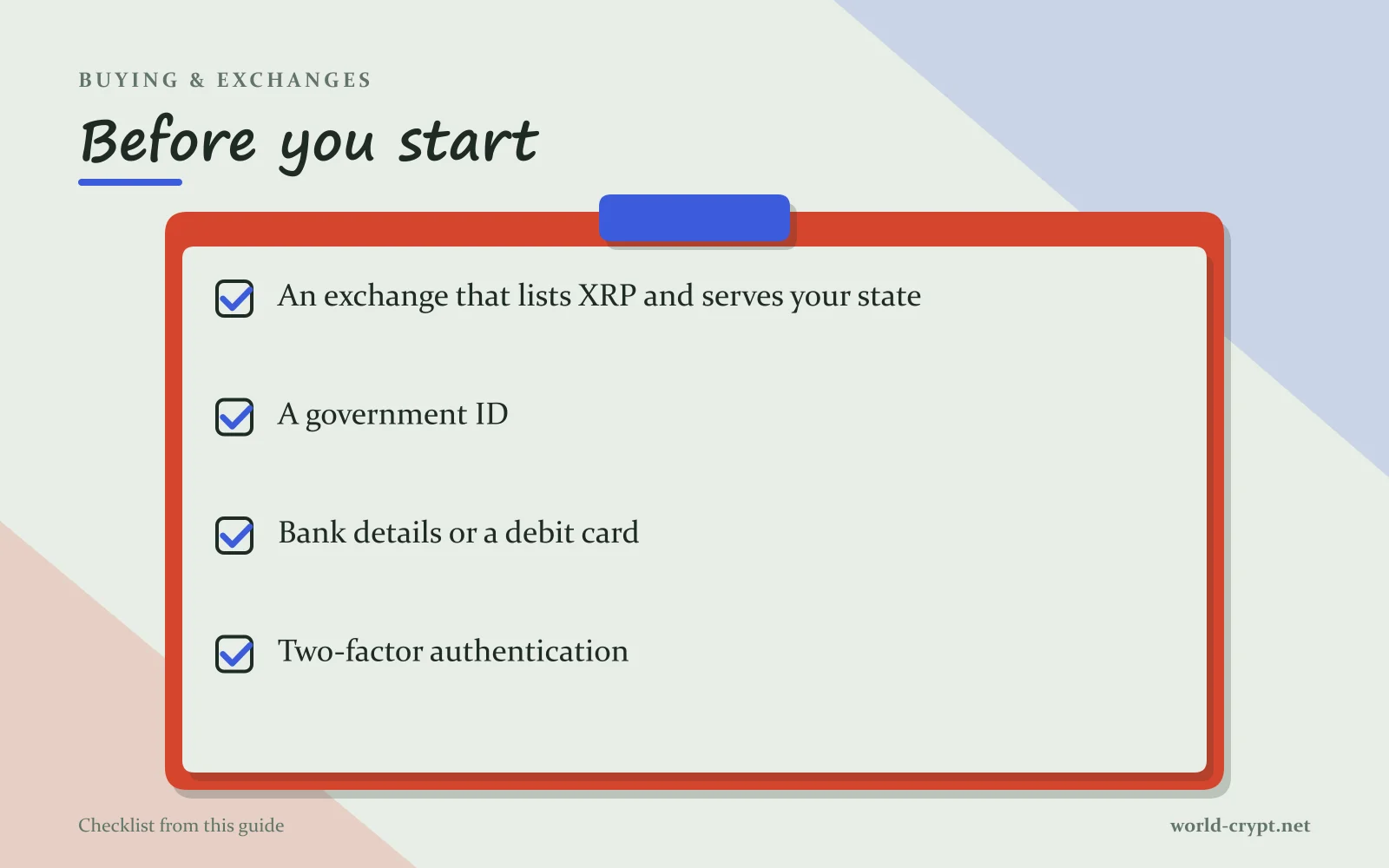 Чек-лист. Перед началом: биржа, которая котирует XRP и работает в вашем штате; государственное удостоверение личности; банковские реквизиты или дебетовая карта; двухфакторная аутентификация