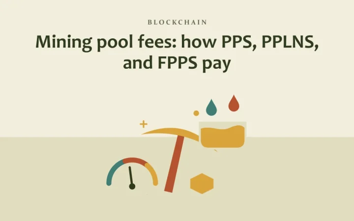Комиссии майнинг-пулов: как платят PPS, PPLNS и FPPS: иллюстрация с киркой для майнинга и индикатором комиссии