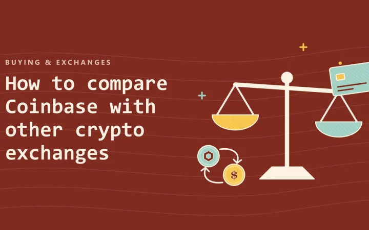 Как сравнить Coinbase с другими криптобиржами: иллюстрация с весами, на которых сравниваются варианты, и двумя обмениваемыми монетами